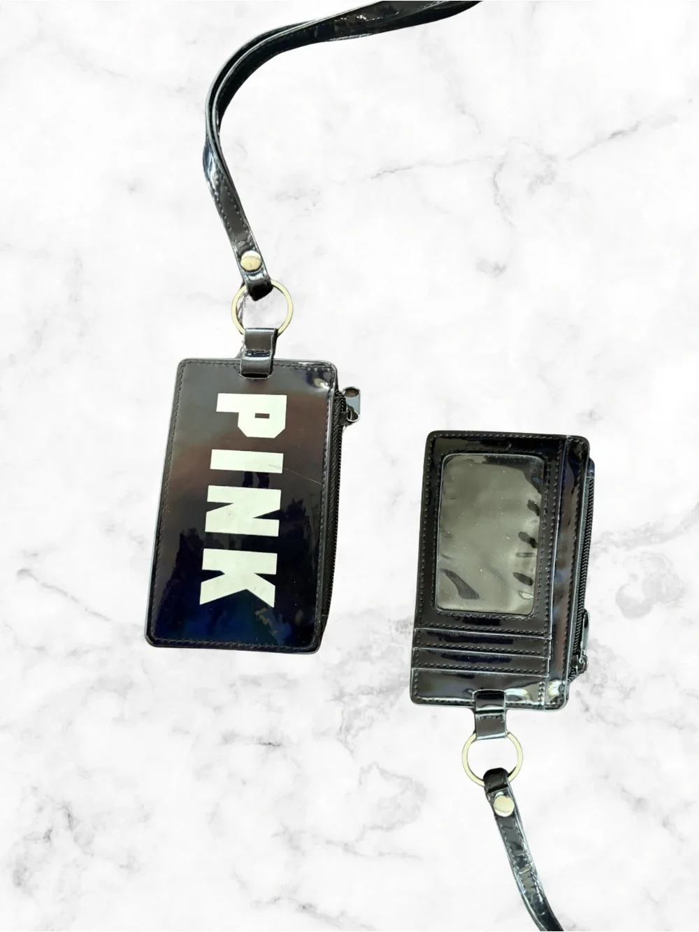 PINK Victoria's Secret Black Patent Card & Key Holder Set with White Logo